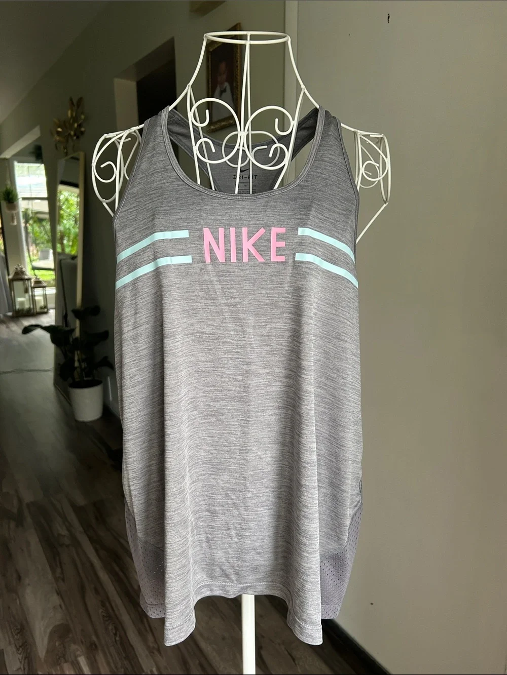 Nike Gray Racerback Tank with Pink Logo and Mint Stripes